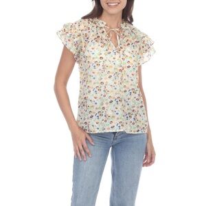 Rain Floral Split Neck Blouse in Orange Multi NWT